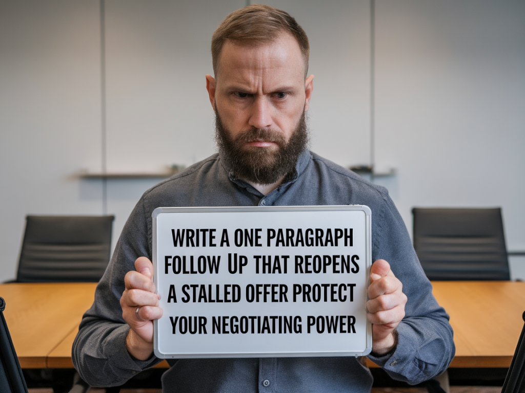 Write a one-paragraph follow-up that reopens a stalled offer and protects your negotiating power